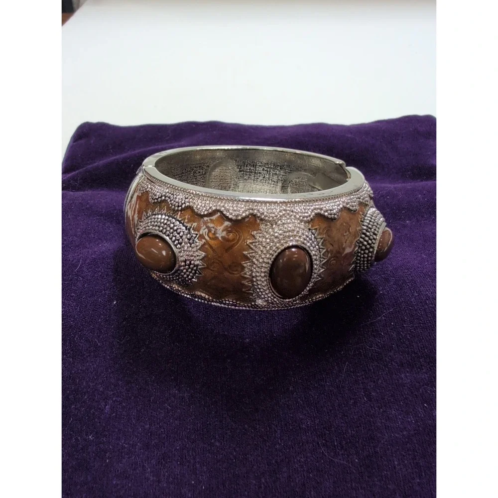 VTG brown enameled & textured silver-tone hinged clamp bracelet Statement Piece